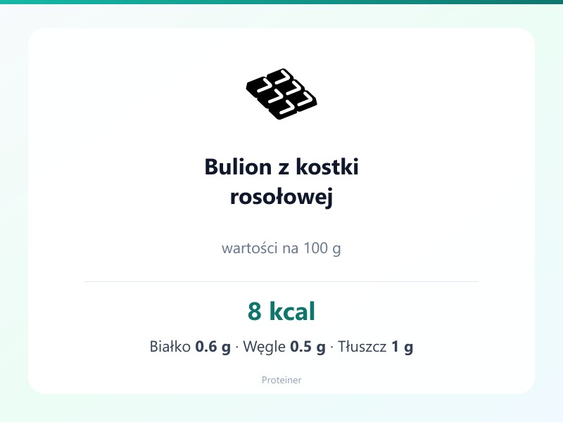 Bulion z kostki rosołowej – białko 0.6g, kalorie 8 kcal, węglowodany i tłuszcz na 100g | zdrowe odżywianie