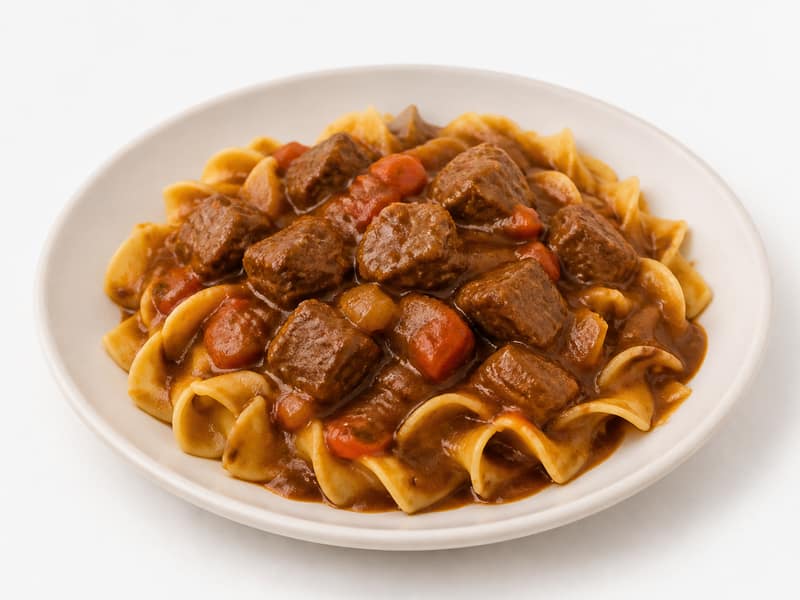 Gulasz wołowy z makaronem – białko 8g, kalorie 125 kcal, węglowodany i tłuszcz na 100g | zdrowe odżywianie