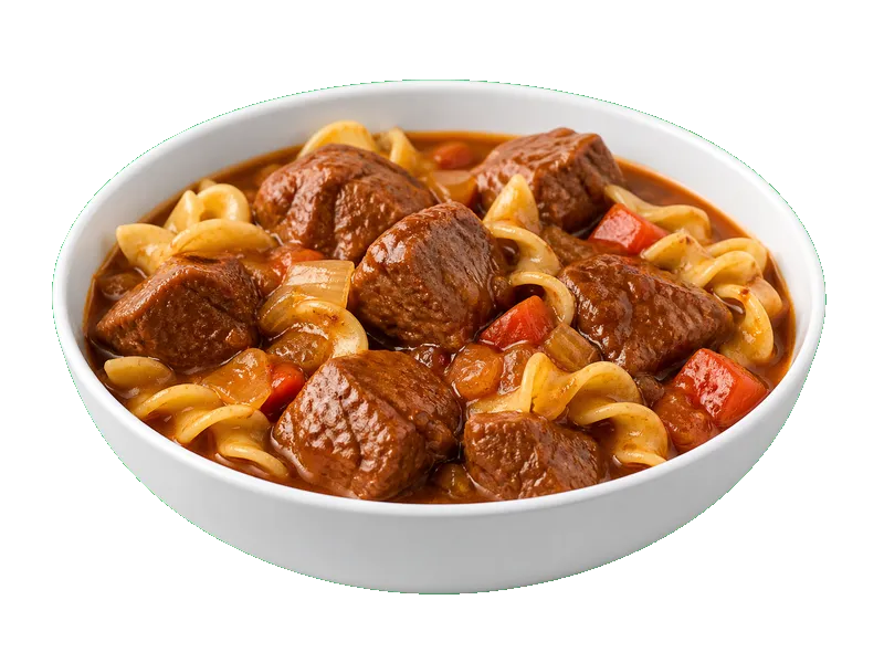 Gulasz wołowy z makaronem – białko 8g, kalorie 125 kcal, węglowodany i tłuszcz na 100g | zdrowe odżywianie