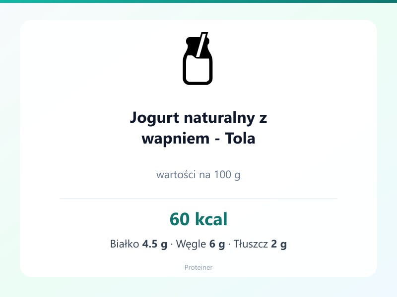 Jogurt naturalny z wapniem - Tola – białko 4.5g, kalorie 60 kcal, węglowodany i tłuszcz na 100g | zdrowe odżywianie