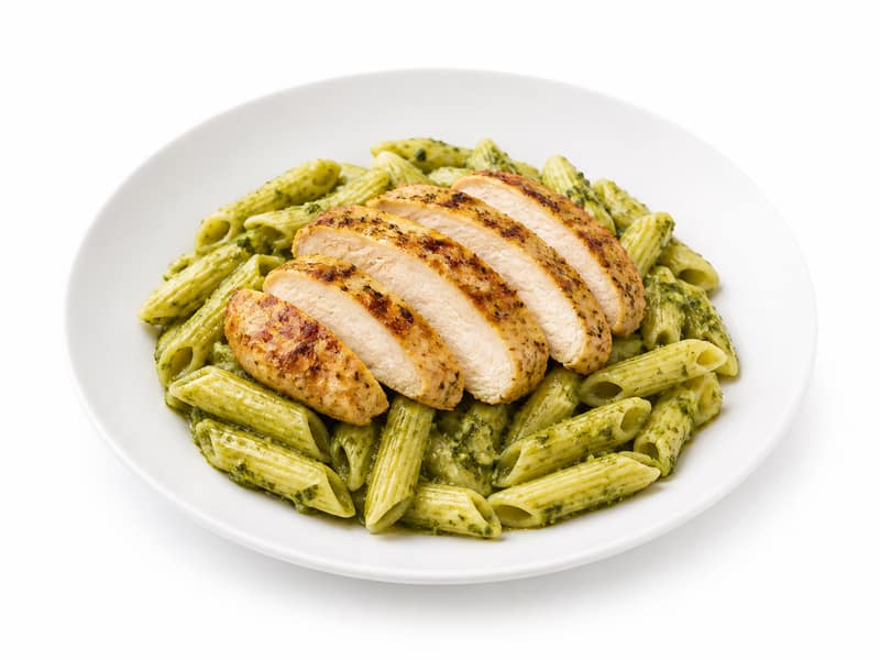Makaron z pesto i kurczakiem – białko 13g, kalorie 195 kcal, węglowodany i tłuszcz na 100g | zdrowe odżywianie