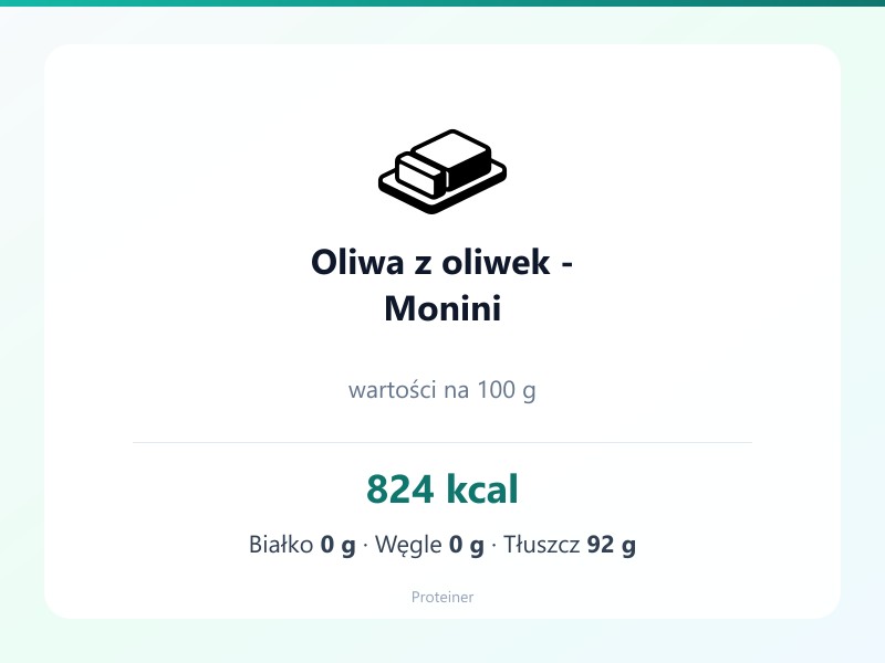 Oliwa z oliwek - Monini – białko 0g, kalorie 824 kcal, węglowodany i tłuszcz na 100g | zdrowe odżywianie