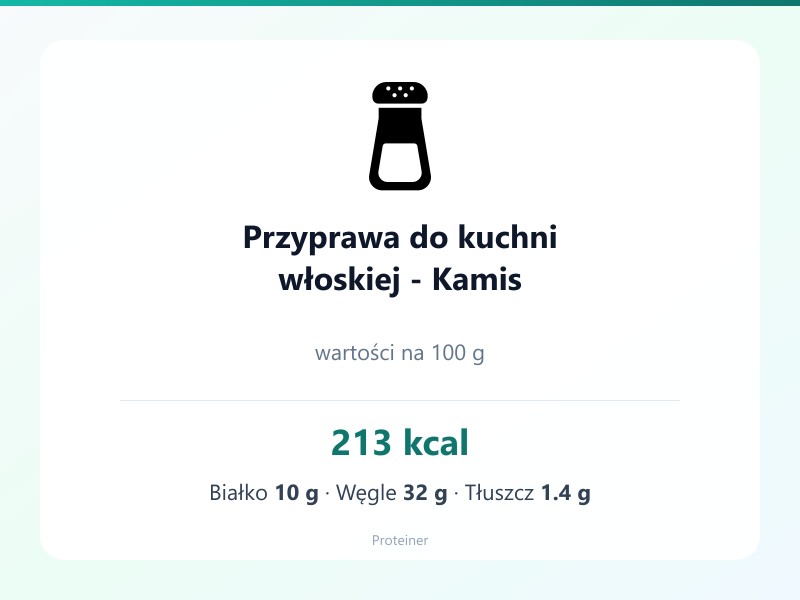 Przyprawa do kuchni włoskiej - Kamis – białko 10g, kalorie 213 kcal, węglowodany i tłuszcz na 100g | zdrowe odżywianie