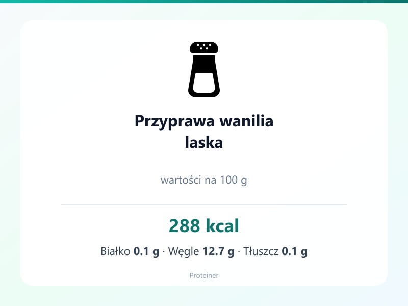 Przyprawa wanilia laska – białko 0.1g, kalorie 288 kcal, węglowodany i tłuszcz na 100g | zdrowe odżywianie